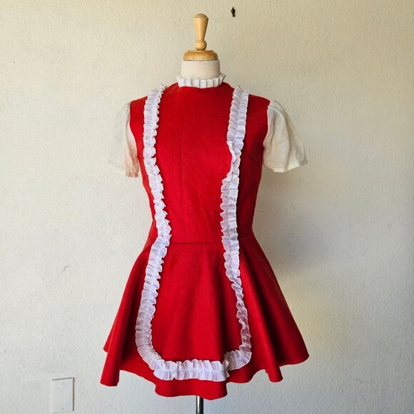 Vintage Dresses & Skirts - Vintage 40s 50s Red White Wool Felt Cheerleader Maid Costume Mini Dress S/M